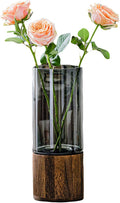 Wood Glass Vase, 10" H, Wooden Base Cylindrical Flower Vase, Classic Boho Rustic Style for Fireplace Bedroom Kitchen Living Room Centerpieces Office Desk