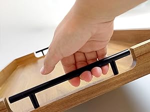 22 Inches Acacia Wood Serving Tray with Metal Handles, Large Wooden Rectangle Ottoman Tray, Decorative and Durable Design for Living Room Coffee Table Couch Kitchen