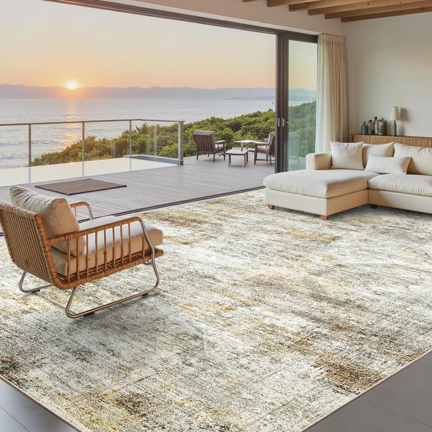 Soalmost Washable Area Rug 8x10, Large Soft Rugs for Living Room Vintage Beige Carpet 8x10 Area Rugs for Bedroom Dining Room Non-Slip Stain Resistant Under Table Rug