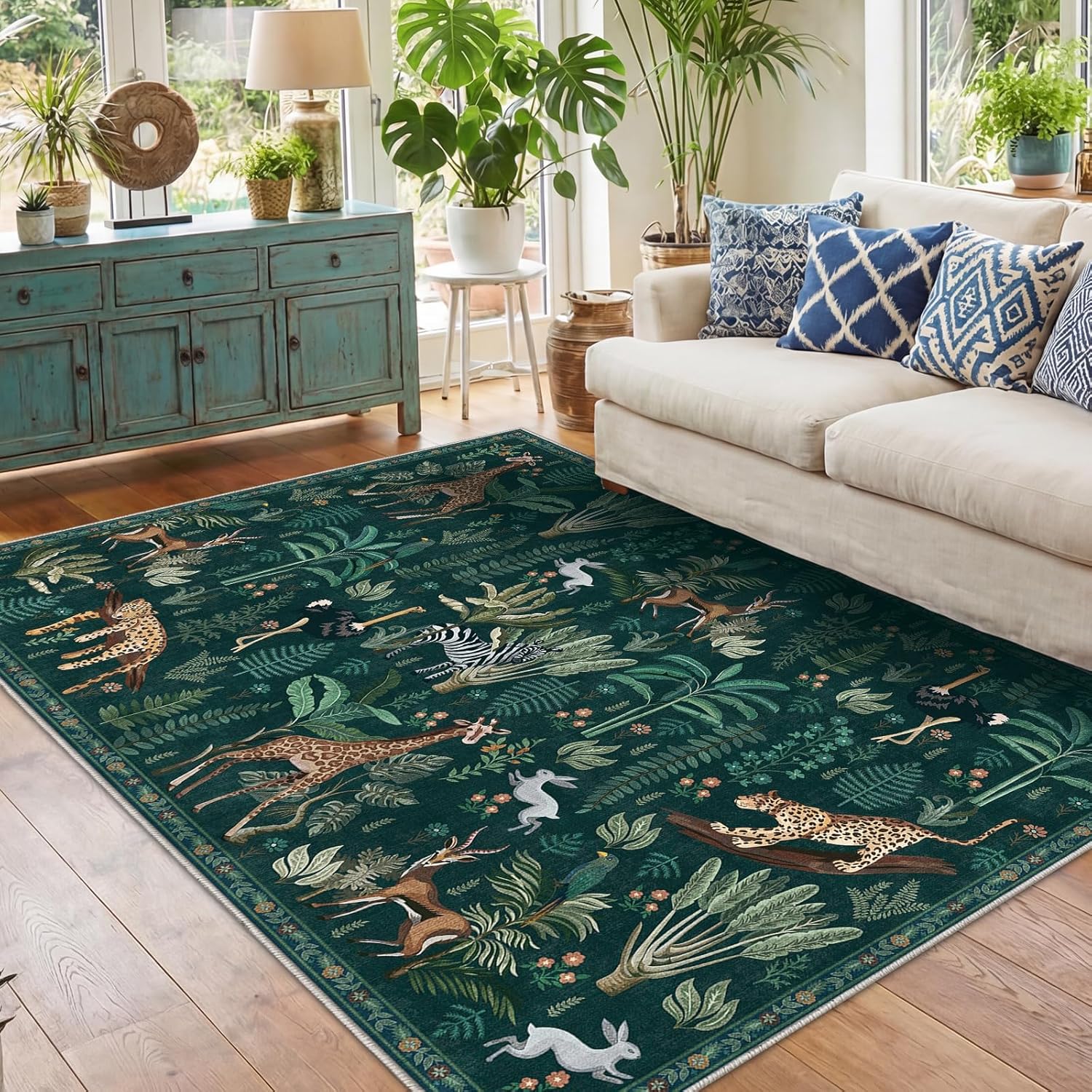 Soft Area Rugs 5x7, 5x7 Washable Rug with Non Slip Backing, 5 x 7 Faux Cashmere Low-Pile Carpet, Navy Blue & Gold