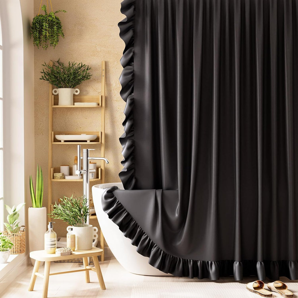 Ruffle Shower Curtain with Three-Side Ruffle, Solid White Farmhouse Curtains, Soft Flowy Layered Fabric, Elegant Spa Style, Clean Minimal Look, Water Repellent,12 Metal Hooks, 72" W x 72" L