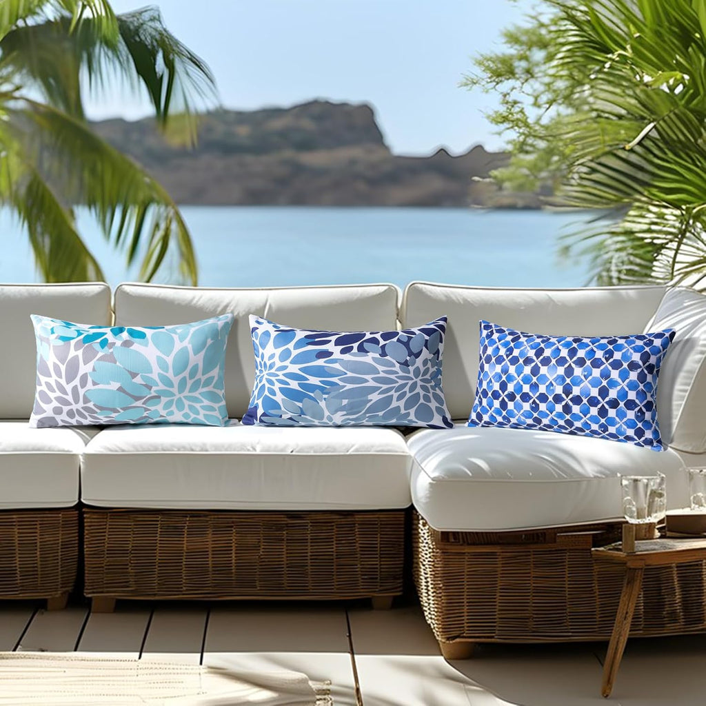Outdoor Pillows, Pack of 2 12x20 Lumbar Pillows Water Resistant Decorative Throw Pillows for Couch, Sofa and Patio Furniture(Blue)