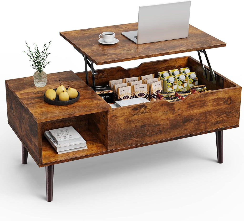 Sweetcrispy Lift Top Coffee Tables for Living Room, Small Rising Wooden Center Tables with Storage Shelf and Hidden Compartment, Brown | Lift Top, Coffee Tables, for Living Room, Rising, Dining Center Tables, with Storage Shelf
