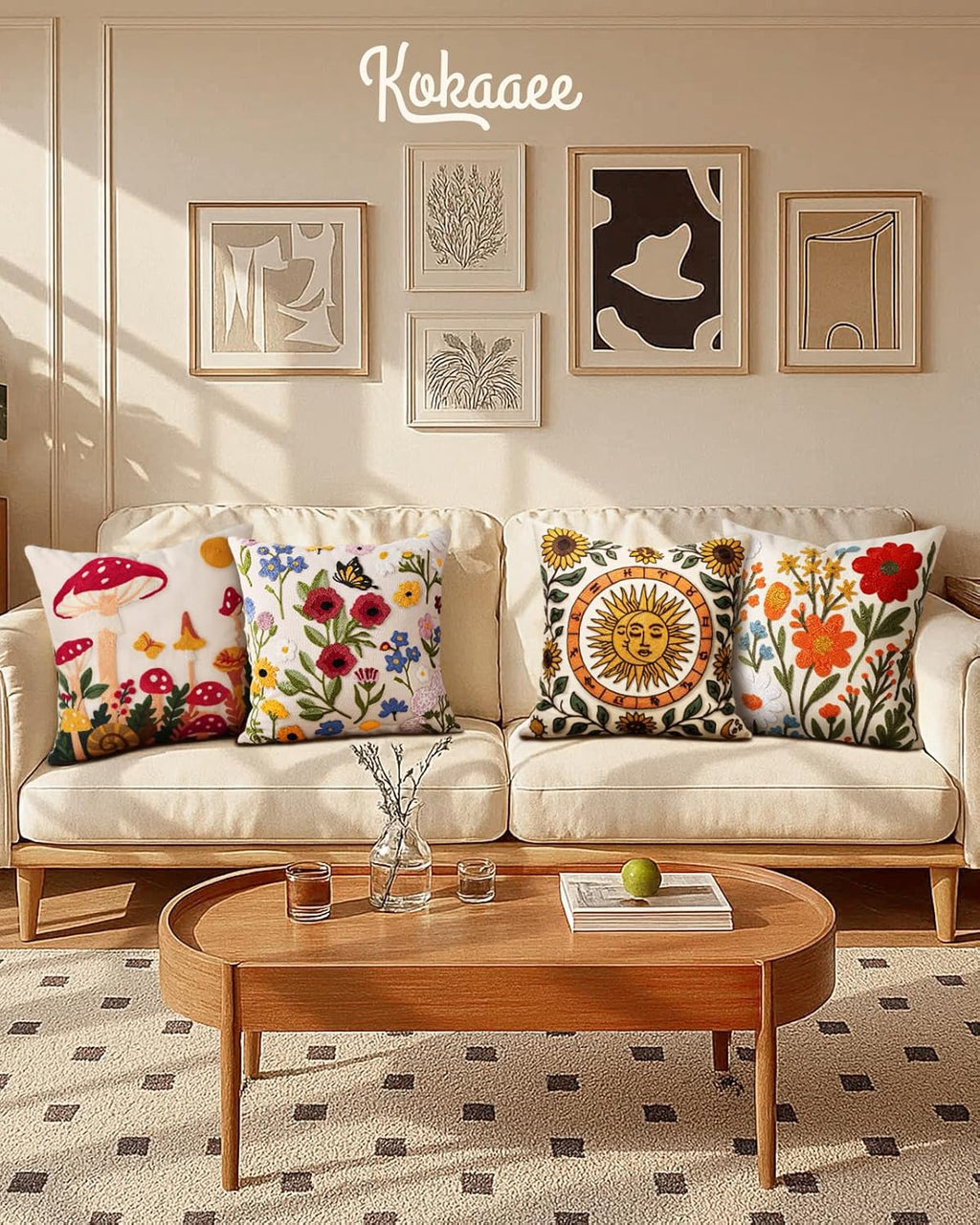 Embroidered Throw Pillow Cover 18x18 Inch - Spring Summer Boho Decorative Pillow Cover with Zipper for Living Room Couch Sofa Bed Aesthetic Design Flower Cluster Cushion Pillowcase
