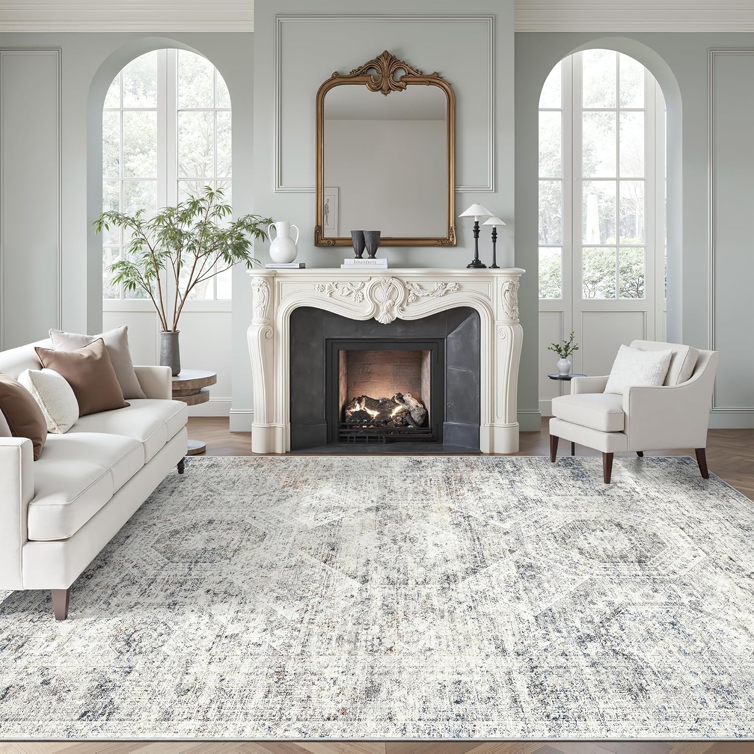 Soalmost Washable Area Rug 8x10, Large Soft Rugs for Living Room Vintage Beige Carpet 8x10 Area Rugs for Bedroom Dining Room Non-Slip Stain Resistant Under Table Rug