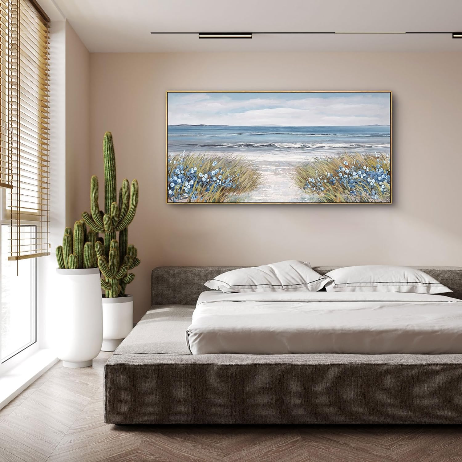 Framed Wall Art for Living Room Decor - Farmhouse Boho Beach Coastal Vintage Floral Ocean Wall Picture Flowers Sea Canvas Print Seascape Artwork for Home Living Room Bedroom Office 24x48