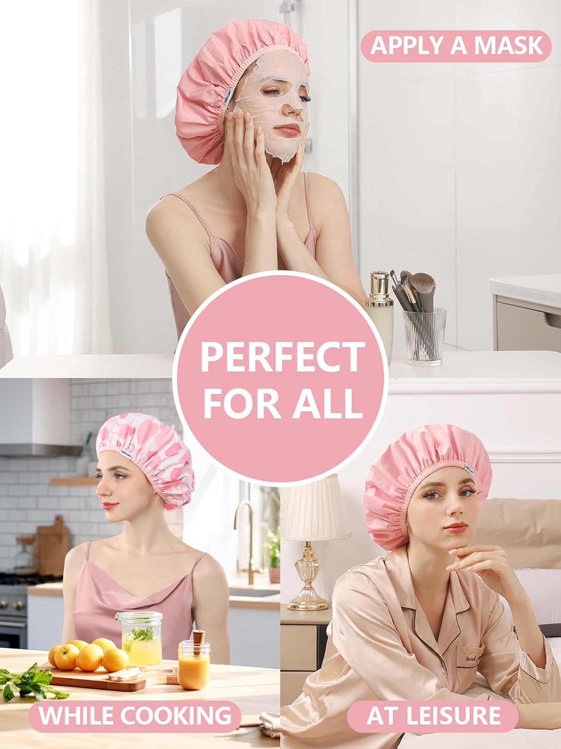 Shower Caps for Women Reusable Waterproof, Double Layer Waterproof Fabric - Both Sides Usable, Reversible Pattern & Solid Color Design, Soft Elastic Keeps Hair Dry for shower Spa Travel