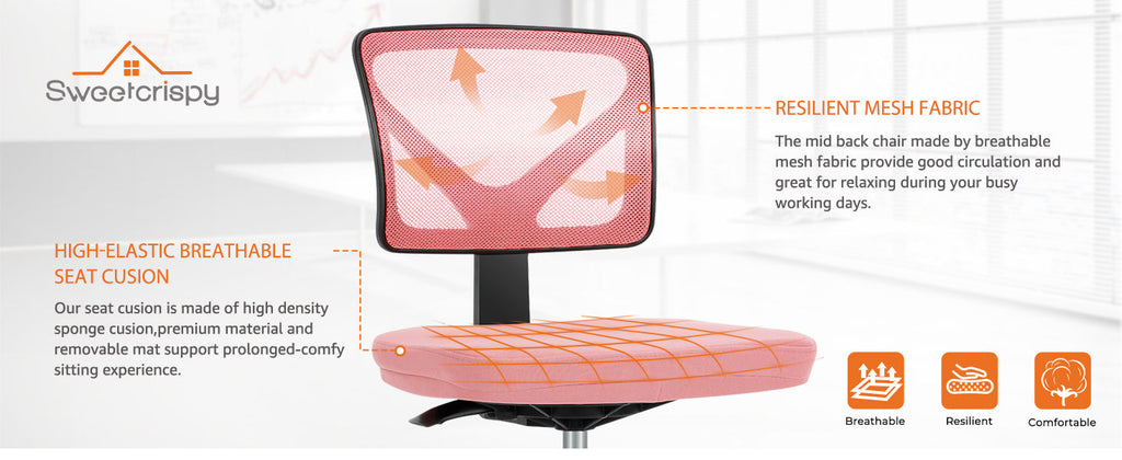 Small Desk Chair, Ergonomic Low-Back Mesh Rolling Work Swivel Chairs with Wheels, Armless Comfortable Seat Lumbar Support for Home, Bedroom, Study, Student, Adults,Classic Pink