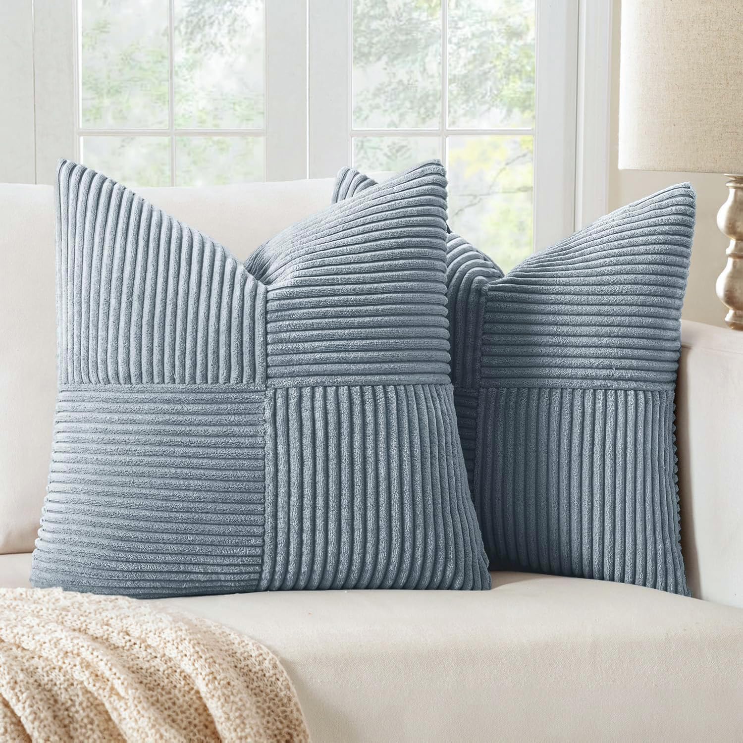 Black Decorative Throw Pillow Covers 18x18 Inch for Couch Bed Sofa Pack of 2 Boho Farmhouse Throw Pillows Soft Cross Corduroy Patchwork Textured Cushion Cases