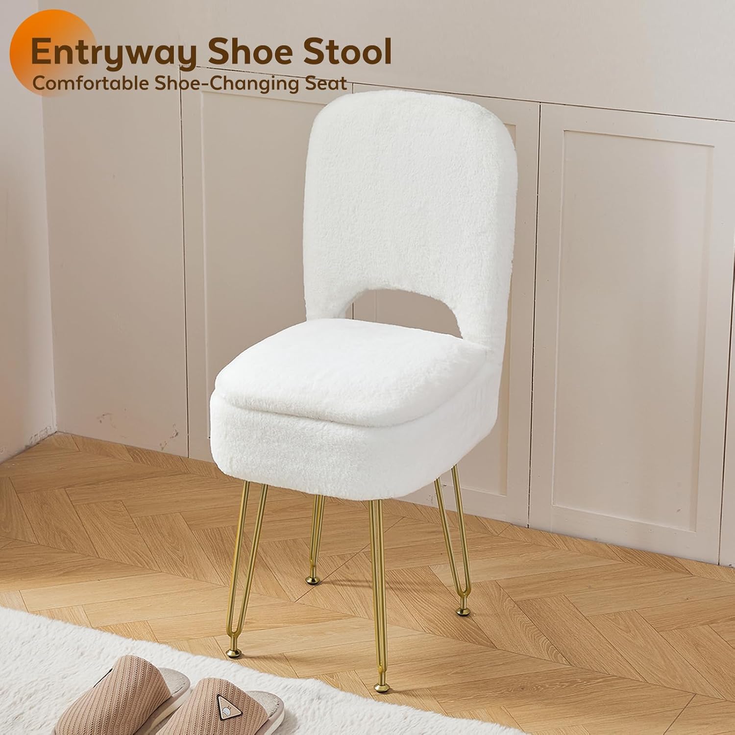 Vanity Chair with Storage and Folding Back, Faux Fur Square Storage Chair, Vanity Stool Chair with 4 Metal Legs for Bedroom, Living Room and Makeup Stations, 13.4"x 15"x 30", White
