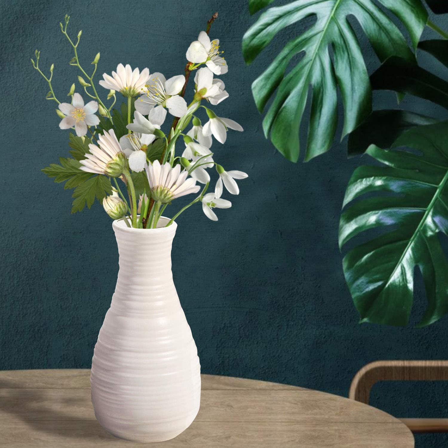 Vase for Flowers, Ceramic Look Plastic Vase for Home Decor, Living Room, Table (Seashell White)