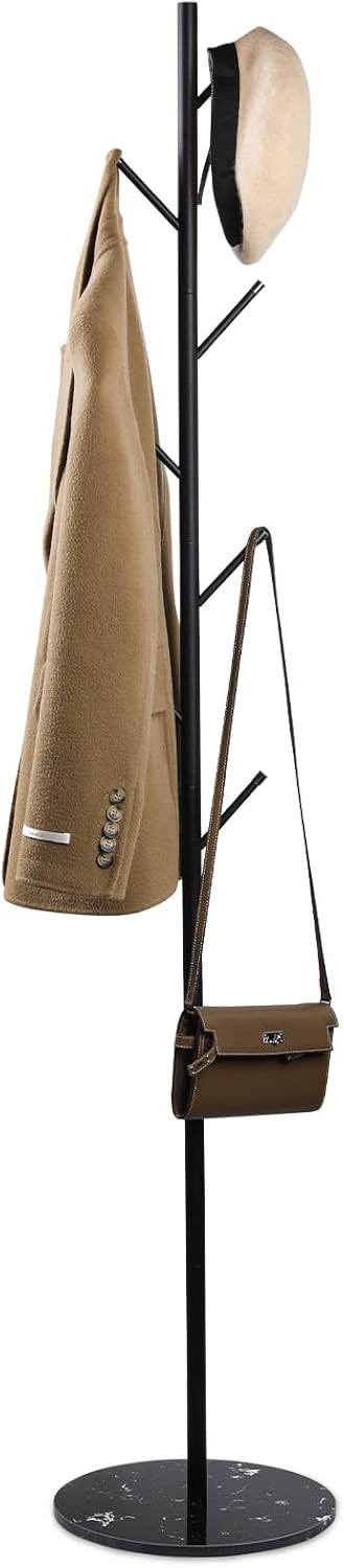 Freestanding Coat Rack with Marble Base, 4 Height Adjustable Standing Metal Coat Tree with 7 Hooks, Space-Saving Hat Clothes Coat Stand for Entryway, Bedroom, Office (Gold)