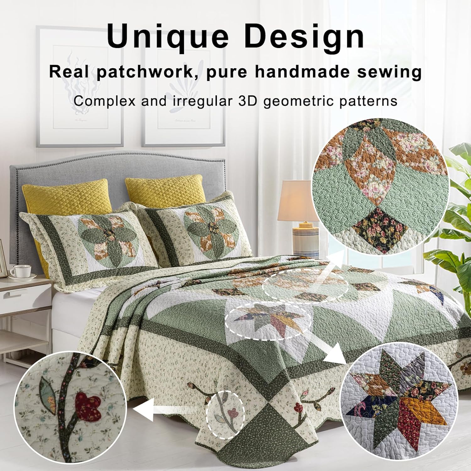 Quilts Queen Size Patchwork Bedspread Set - 100% Cotton Reversible Breathable Green Earth Geometric Quilted Quilt with Pillow Shams for All Seasons